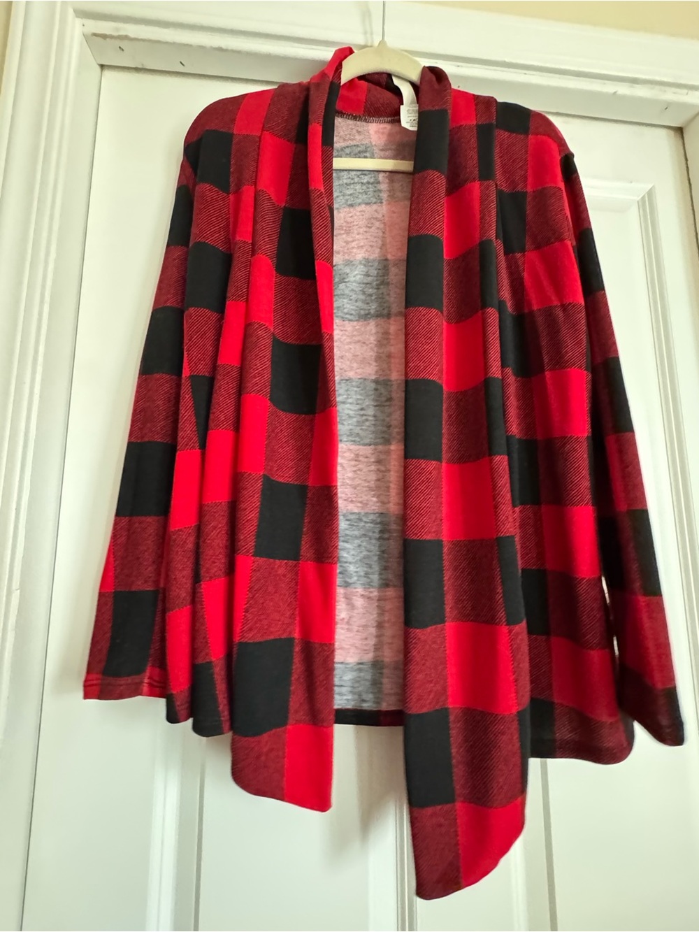 Lovely J Small Black Red Buffalo Plaid Elbow Patch Open Front Cardigan